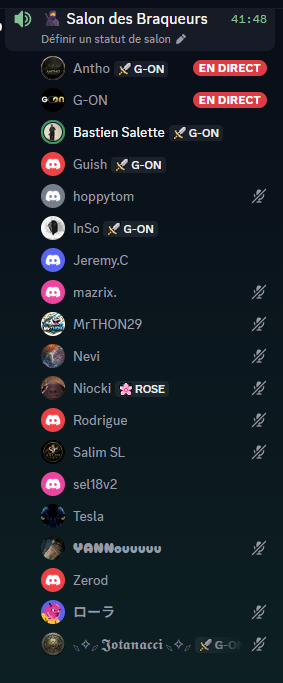 Extrait du vocal Discord Salon des Braqueurs, avec des membres réunis et des partages en direct.